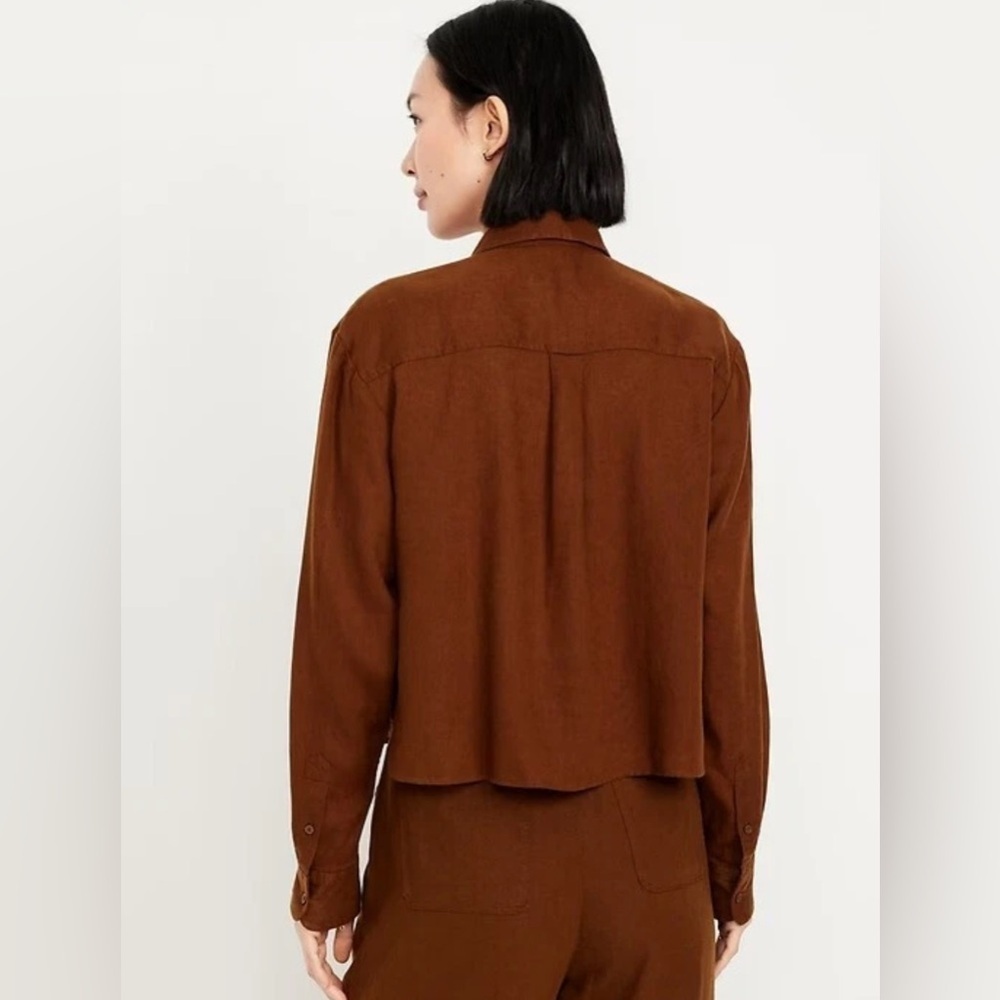 Old Navy The Cropped Shirt Linen-Blend Chocolate Brown Color, Size M - Picture 4 of 14